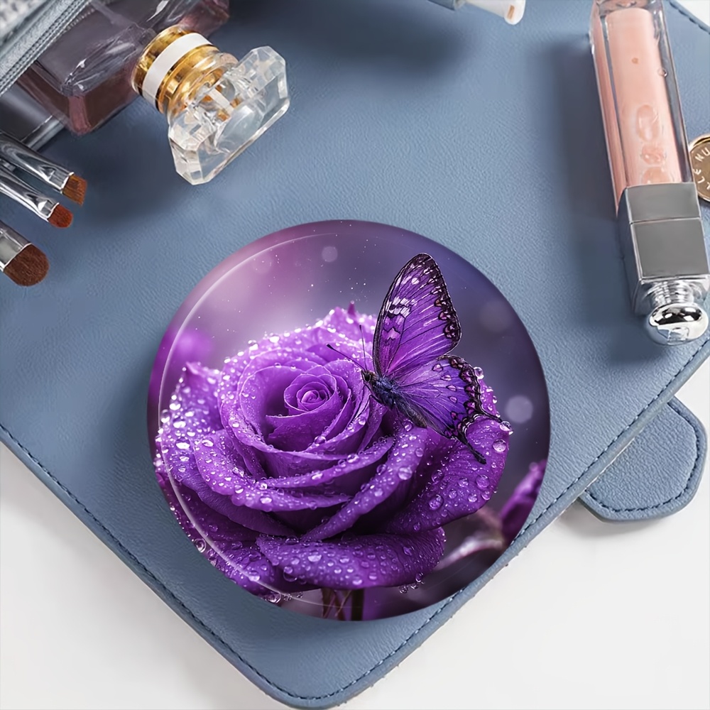 Purple Rose & Butterfly Round Mirror, Double-Sided